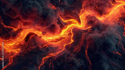 Dynamic background of lava flowing rapidly over volcanic terrain, capturing the motion and energy.
