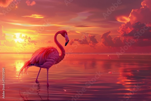 A majestic pink flamingo stands gracefully in the water as the sun sets in the background  creating a stunning silhouette against the colorful sky