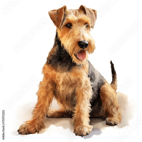 Airedale terrier dog. Bingley terrier, waterside terrier dog clipart. Watercolor illustration. Generative AI. Detailed illustration.
