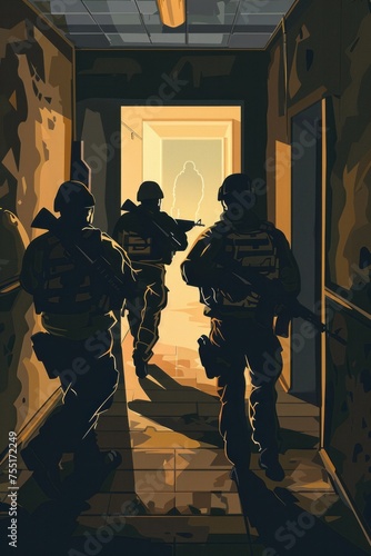 A group of armed militants, identified as VetalVit soldiers, are seen walking down a hallway. The soldiers appear to be focused and determined as they make their way through the corridor