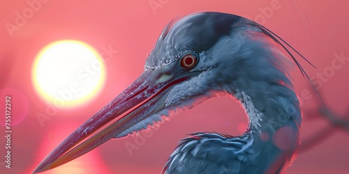 A heron displays its beak in photorealistic detail against a sky pinked by the setting sun. Close-up of a ardeidae under the magical touch of the twilight sun in tonal reproduction.