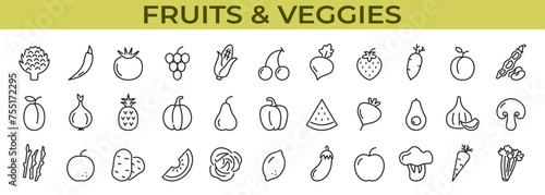 Fruits and vegetables icon set. Veggies and fruits. Vector illustration