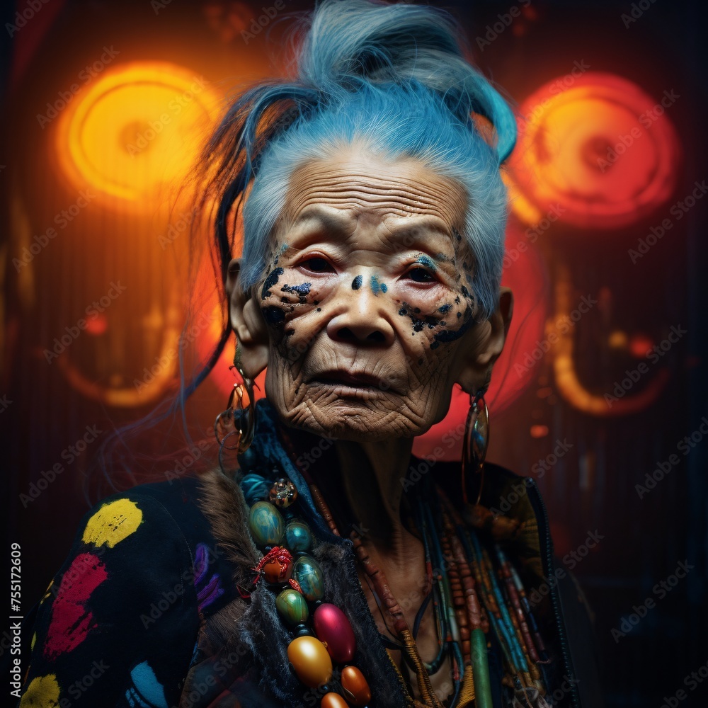 an old asian woman wearing colorful in a room an old asian woman wearing colorful in a room