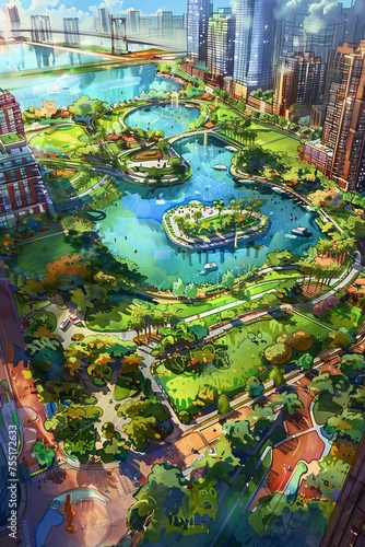 Urban planners designing green spaces for a large mixed-use development