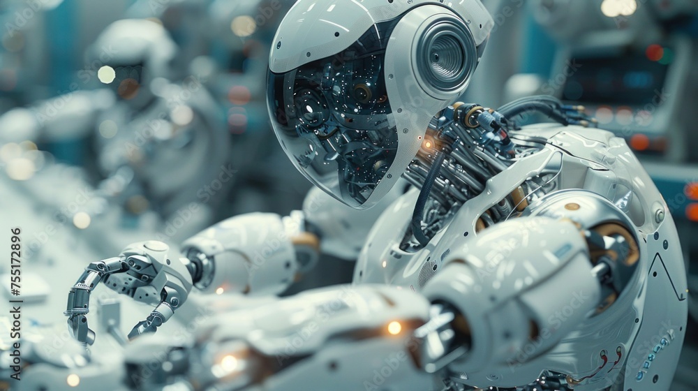 Fototapeta premium A robot stands motionless in the middle of a room, surrounded by empty space.