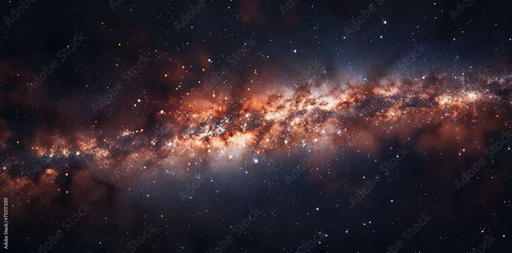 The image showcases a dazzling section of the galaxy with numerous stars and textured clouds of interstellar dust