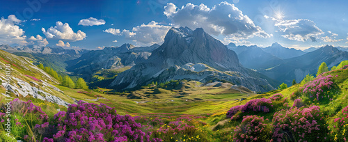 Picture of a tranquil mountain valley bathed in warm sunlight with lush colorful flora and a majestic rocky peak in the background