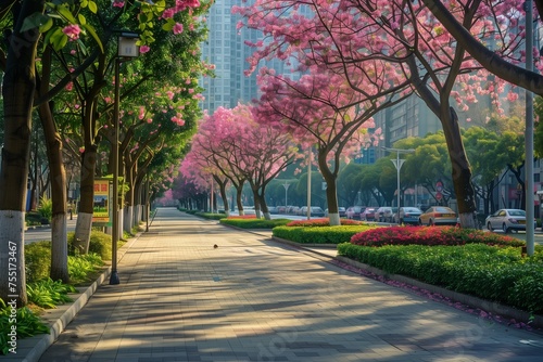 Sidewalks Lined with Flowering Trees in Full Bloom, Transforming Urban Paths into Green Oases, Reflecting the Spirit of Earth Day in the City