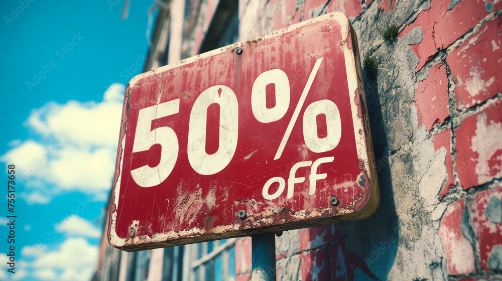 a red sign with the words 50 % off under a blue sky with clouds in the background a red sign with the words 50 % off under a blue sky with clouds in the background