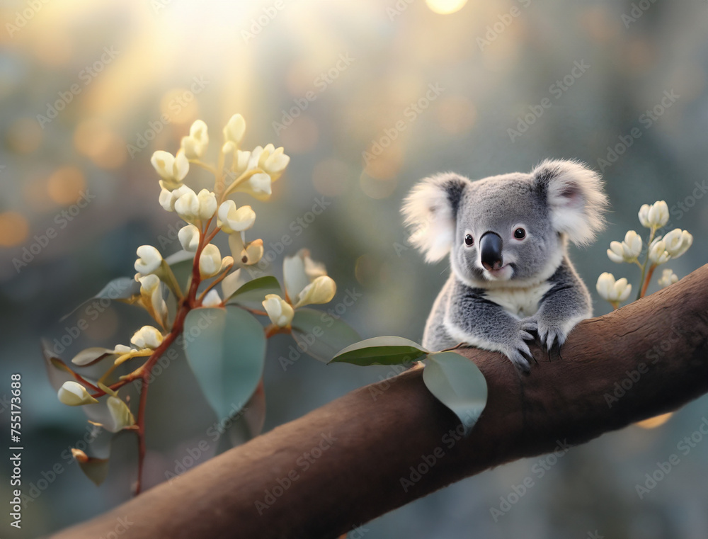 słodka mała koala odpoczywająca na drzewie - obrazy, fototapety, plakaty 