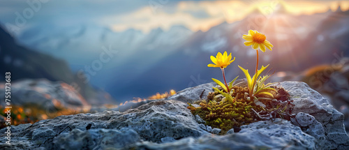 A solitary yellow flower stands resilient among rocks, lit by the warm sunrise, symbolizing hope and new beginnings photo