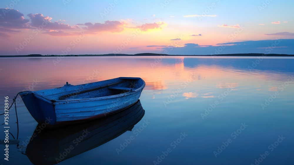 a small boat floating on top of a lake a small boat floating on top of a lake