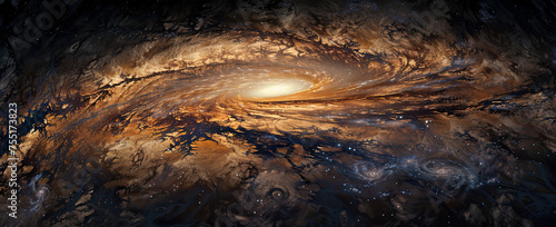 An artistic representation of a spiral galaxy with a luminous core, intricate dust lanes, and a dynamic swirling pattern