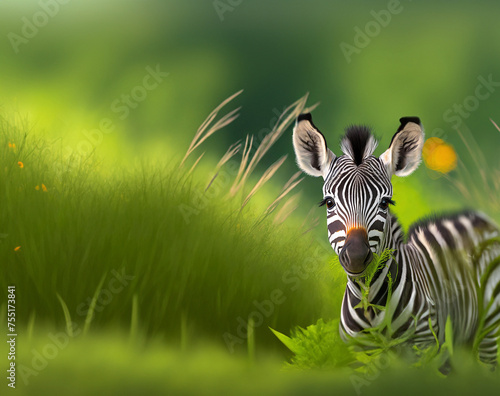 Słodka zebra spokojnie przyglądająca się w trawie.
