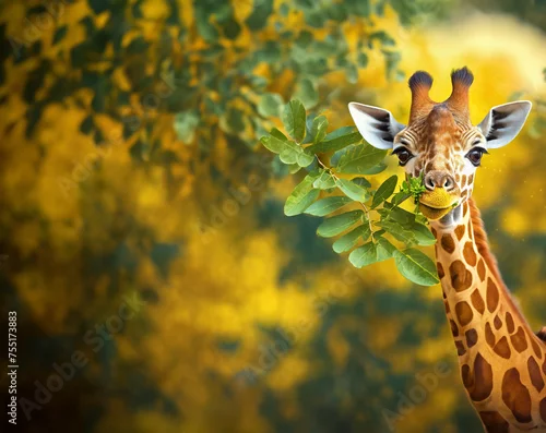 Obraz Słodka żyrafa jedząca liscie wpatrująca się w nas