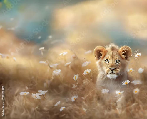 Obraz Mały słodki lew przyglądający się w trawie, słodkie oczy, piękna barwne tło