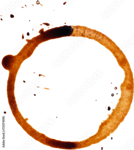 Round imprint of spilled black coffee on a white isolated background