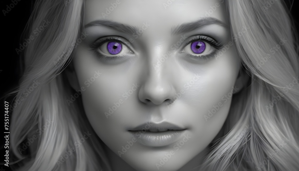 Pop-art framework, black and white close-up portrait of a young blonde model with deep purple eyes Pop-art framework, black and white close-up portrait of a young blonde model with deep purple eyes