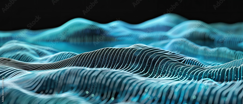 A digital art presentation of electric blue waves undulating on a pitch-black background, symbolizing connection and flow
