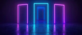 Three vibrant neon-lit doorways stand out in a dark room, invoking curiosity and the unknown