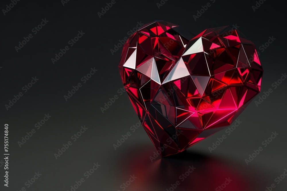 A magenta heartshaped diamond, symbolizing love, sits on a black surface, showcasing its symmetry and beauty as a piece of body jewelry