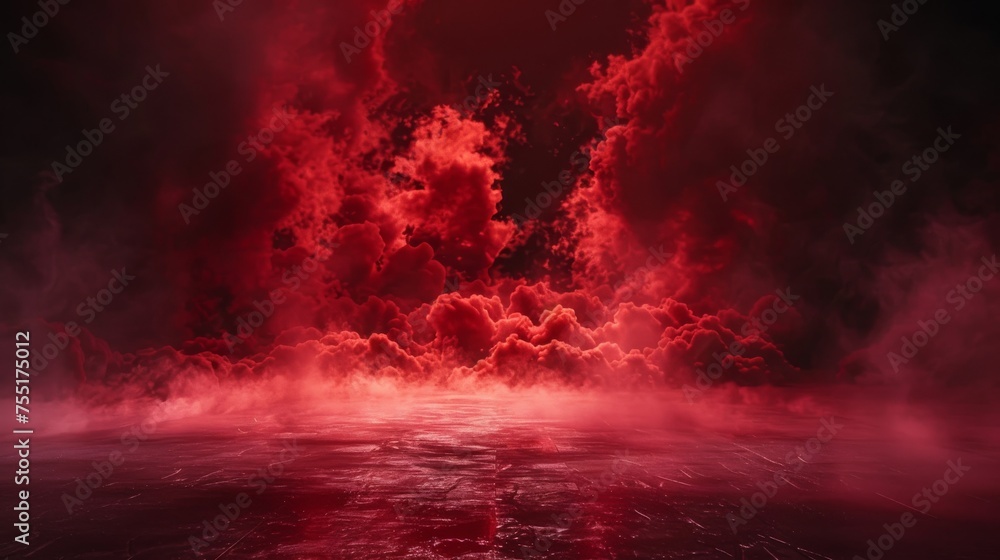 Explosive, crackling red smoke against a dark, ominous background, with intense ground lighting.