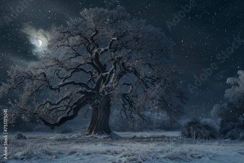 The ancient oak, frozen in time, captured by the moonlight white raw, untamed, and sapphire unyielding force of a cold, icy blizzard
