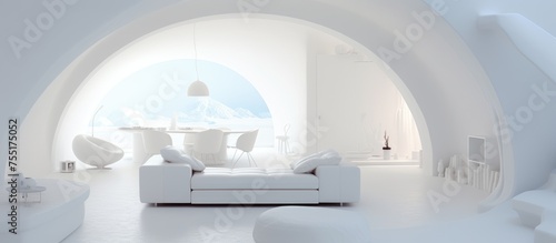 A living room filled with various pieces of furniture like sofas, chairs, and tables completely covered in a thick layer of snow. The snow has drifted indoors through open windows, creating a unique © TheWaterMeloonProjec