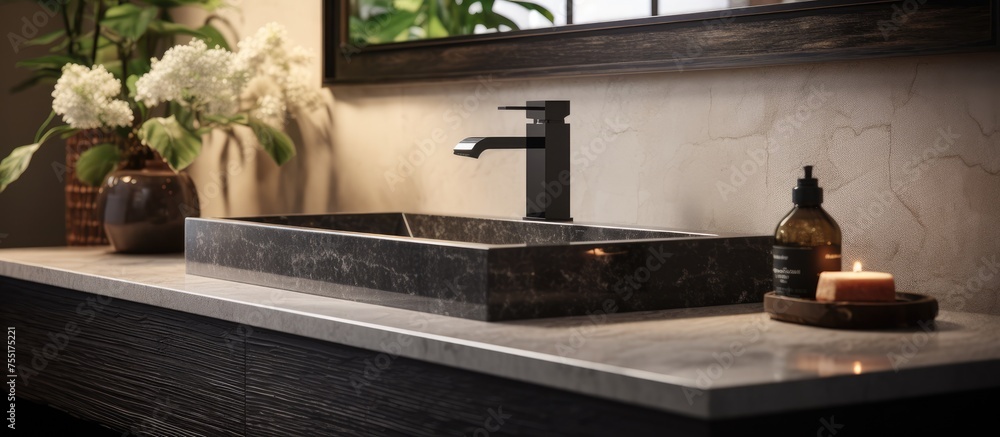 A modern and stylish bathroom featuring a sink and a mirror. The sink is sleek and contemporary, while the mirror reflects the clean and minimalist design of the space. A modern and stylish bathroom featuring a sink and a mirror. The sink is sleek and contemporary, while the mirror reflects the clean and minimalist design of the space.