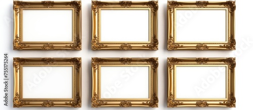 Six gold framed pictures hang on a white wall, neatly arranged in a row. The frames are elegant and shiny, contrasting with the clean white background. Each picture is different,