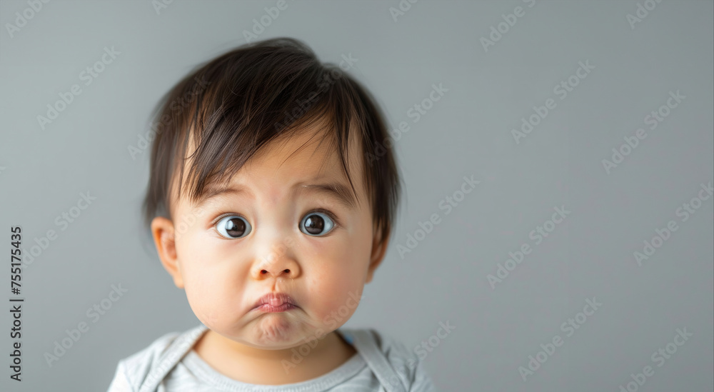 A baby with a surprised expression on its face. The baby is wearing a gray shirt and has a messy face. photo of a 1-year-old Asian toddler, bewildered expression, drooling, looking confused and dazed A baby with a surprised expression on its face. The baby is wearing a gray shirt and has a messy face. photo of a 1-year-old Asian toddler, bewildered expression, drooling, looking confused and dazed