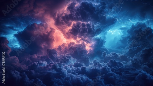 dark sky with heavy clouds with lightning during a thunderstorm Dark stormy sky with glowing clouds and lightning. generative AI © matteo