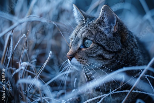 The stray cat in winter, frozen in time, captured by the silver frost raw, untamed, and inky blue unyielding force of a cold, icy blizzard photo