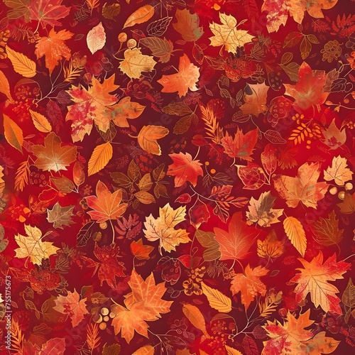 Fall Background: Rich tones of red, orange, and gold repeat in a seamless pattern of falling leaves and autumnal motifs, capturing the warmth and beauty of the fall season.