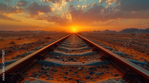 Railway tracks in the desert at sunset. Travel and transportation concept, generative AI