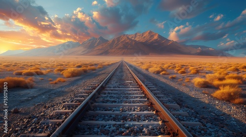 Railway in the Sahara desert, Morocco, Africa. Sunset time generative AI