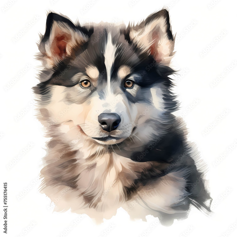 Alaskan Malamute. Puppy dog clipart. Watercolor illustration. Generative AI. Detailed illustration.