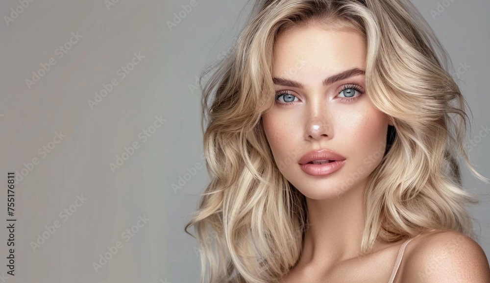 Portrait of a girl with blonde hair for beauty salon cover or poster, banner, booklet. Beautiful clear skin, well-groomed look, light eyes. Salon, well-groomed look. Beauty concept.