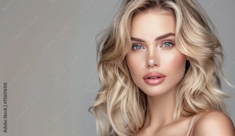 Portrait of a girl with blonde hair for beauty salon cover or poster, banner, booklet. Beautiful clear skin, well-groomed look, light eyes. Salon, well-groomed look. Beauty concept. Portrait of a girl with blonde hair for beauty salon cover or poster, banner, booklet. Beautiful clear skin, well-groomed look, light eyes. Salon, well-groomed look. Beauty concept.