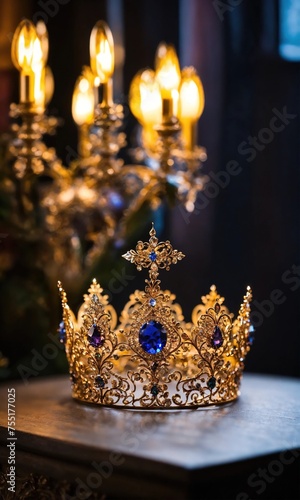 low key image of beautiful queen/king crown. vintage filtered. fantasy medieval period. selective focus. ai generative
