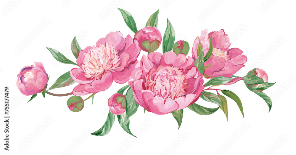 Bouquet of pink peonies and sakura branches isolated on white background