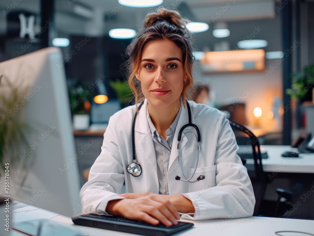 Close-up portrait of Caucasian smiling young female doctor in lab coat with stethoscope sitting at table in front of computer, looking at camera, online consultation in office Close-up portrait of Caucasian smiling young female doctor in lab coat with stethoscope sitting at table in front of computer, looking at camera, online consultation in office