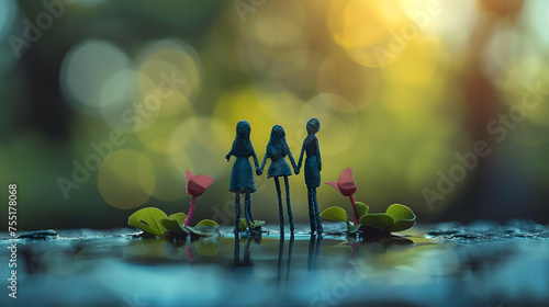 Miniature figures of a family holding hands, with a bokeh background.