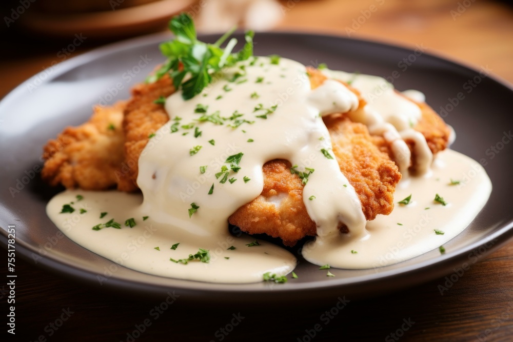 Savory Schnitzel bechamel sauce. Chop with the sauce in the plate on the table. Generate AI Savory Schnitzel bechamel sauce. Chop with the sauce in the plate on the table. Generate AI