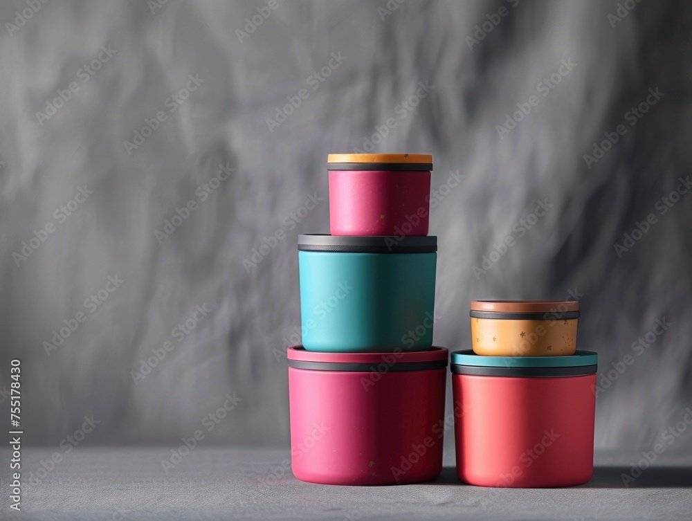 A stack of colorful containers, including a blue one, sit on a grey surface A stack of colorful containers, including a blue one, sit on a grey surface