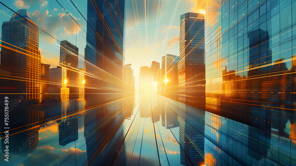Picture of modern skyscrapers of a smart city, futuristic financial district with buildings and reflections , blue color background for corporate and business template with warm sun rays of light - obrazy, fototapety, plakaty 