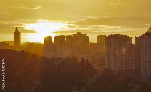 Unusual orange sunset in Kyiv, Ukraine.
