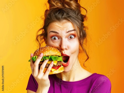 A woman is eating a hamburger with a surprised expression on her face