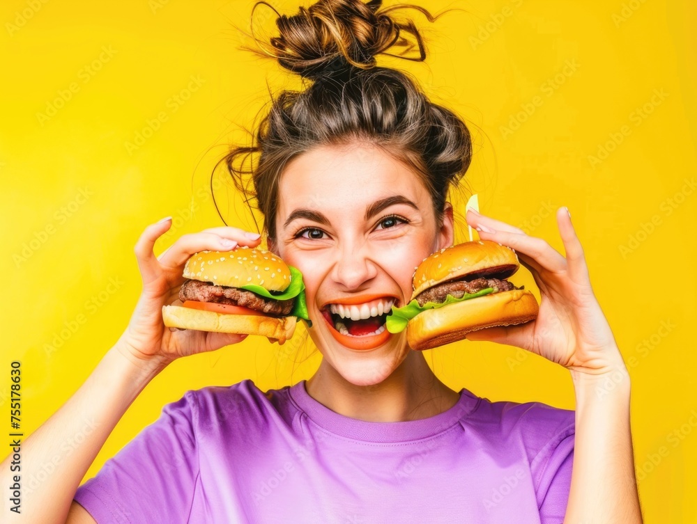 A woman is holding two hamburgers and smiling A woman is holding two hamburgers and smiling
