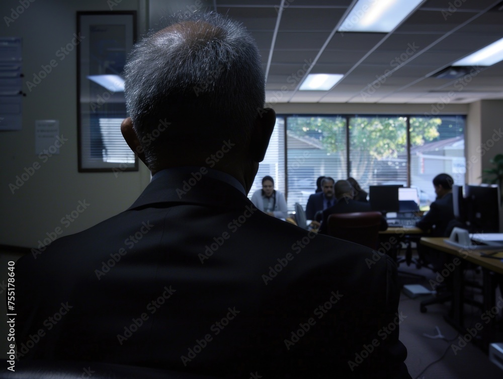 A man in a suit is sitting in a conference room with other people A man in a suit is sitting in a conference room with other people